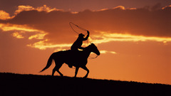 Sunset silhouettes Cowboys Horses