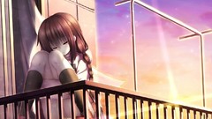 Sunset sleeping long hair anime girls brunettes skies thigh 