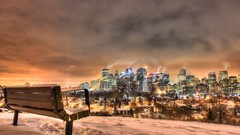 Sunset snow lights bench civilization buildings footprint 