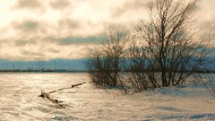 Sunset steppe snow winter wind cold north