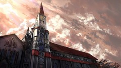 Sunset sun clouds Clock Tower buildings clocks touhou Scarlet 
