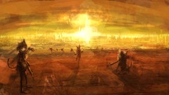 Sunset sun weapons Guns cities anime girls machine gun nekomimi 