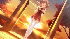 Sunset Trees autumn woman Ribbons brunettes short hair seifuku 