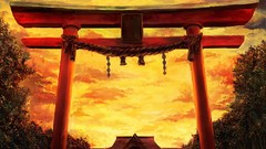 Sunset Trees clouds dress red dress Ropes buildings bows 