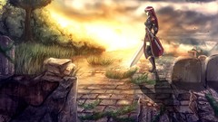 Sunset Trees Knights Swords anime girls artwork graveyards Soyo 