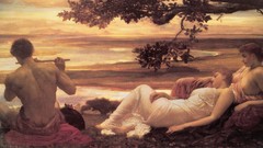Sunset Trees Music Men woman paintings flute lying down artwork 