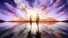 Sunset water clouds Men woman running drawings shadows scenic 