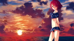 Sunset water sun clouds summer ocean Anime red eyes anime girls 