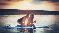 Sunset woman surfing Friends lakes smiling forests beers David 