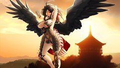 Sunset woman wings armor red eyes sunlight long hair anime 