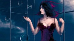 Swing sitting 3d brunettes purple dress