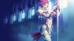 Swords closed eyes redheads soft shading god ray