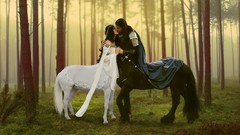 Swords lovers long hair white dress forests mythology centaur 