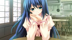 Tables blush blue hair anime girls green eyes Setsuka