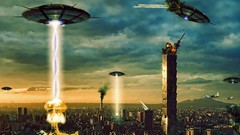 Taipei spaceships invasion cityscapes digital art futuristic 