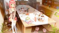 Tea food glasses cakes pink hair anime girls yellow eyes 