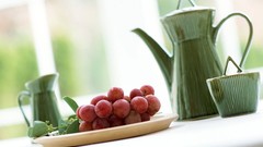Tea grapes fruits cups kettle