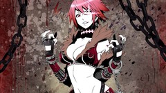 Teeth navel red eyes handcuffs chains belts anime girls short 