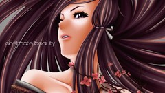 Text branches Anime sakura faces kimono long hair anime girls 