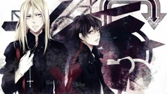 Text cross red eyes gloves coat arrows blondes male long hair 