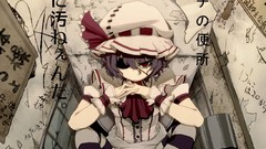 Text dress hats Vampires red eyes sitting bows stockings anime 
