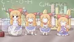 Text dress Tables horns Chibi sitting blondes blush long hair 