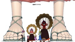 Text feet children giant Japanese white background hats goddess 