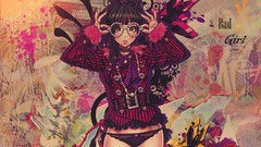 Text graffiti abstract glasses Jewelry jackets belts long hair 