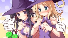 Text happiness Anime windmills hats witch blush green eyes 