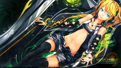 Text headphones navel Shorts pilot belts blondes long hair 