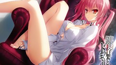 Text red eyes sitting bows legs shirts armchairs pink hair long 