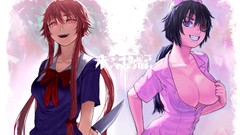 Text weapons teeth hats grin Knives red eyes schoolgirls bows 