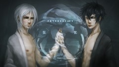 Text white hair long hair gray eyes bandages short hair yellow 