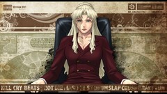 Text woman chairs Anime scars sitting jackets blondes long hair 