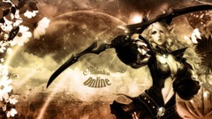 Text woman weapons elves armor navel blondes long hair cleavage 