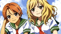 Tie blondes smiling long hair anime girls school uniforms short 