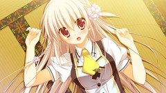 Tie red eyes blondes blush long hair indoors braids open mouth 