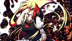 Tie red eyes bows blondes skirts long hair anime girls bangs 