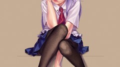 Tie red eyes sitting schoolgirls skirts long hair anime girls 