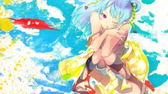 Tongue blue hair anime girls wink purple eyes twintails hair 