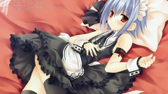 Trap red eyes blush anime girls maids lying down thigh highs 