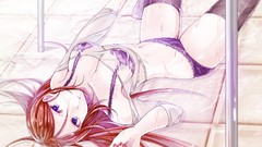 Trap wet anime girls blue eyes brunettes bra utau lying down 