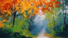 Trees autumn paint paintings paths bushes lamp posts
