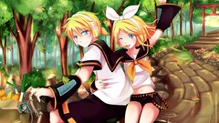 Trees Bicycles blondes anime girls blue eyes vocaloid kagamine 