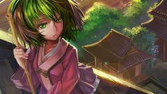 Trees Birds dress houses sunlight lens flare green eyes short 