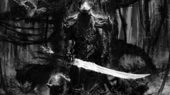 Trees black dark fur Wolves armor Warriors monochrome Swords 