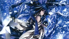 Trees blue dress red eyes bows blue hair long hair flower 