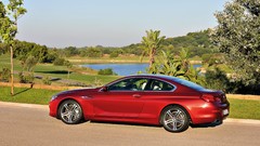 Trees cars BMW side view vehicles streets BMW 6 series red cars 