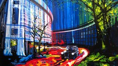 Trees cars paintings buildings cityscapes artwork traditional 
