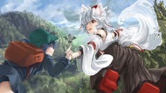 Trees clouds Aircraft wings flying white hair red eyes Ribbons 